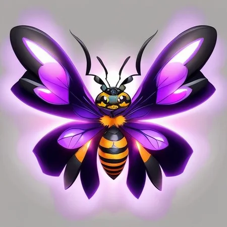 (samdoesarts style:1.3) a vicious violet (fire:1.2) bee Pokemon with razzmatazz hair, glowing eyes, Jungle, highly detailed, intricate