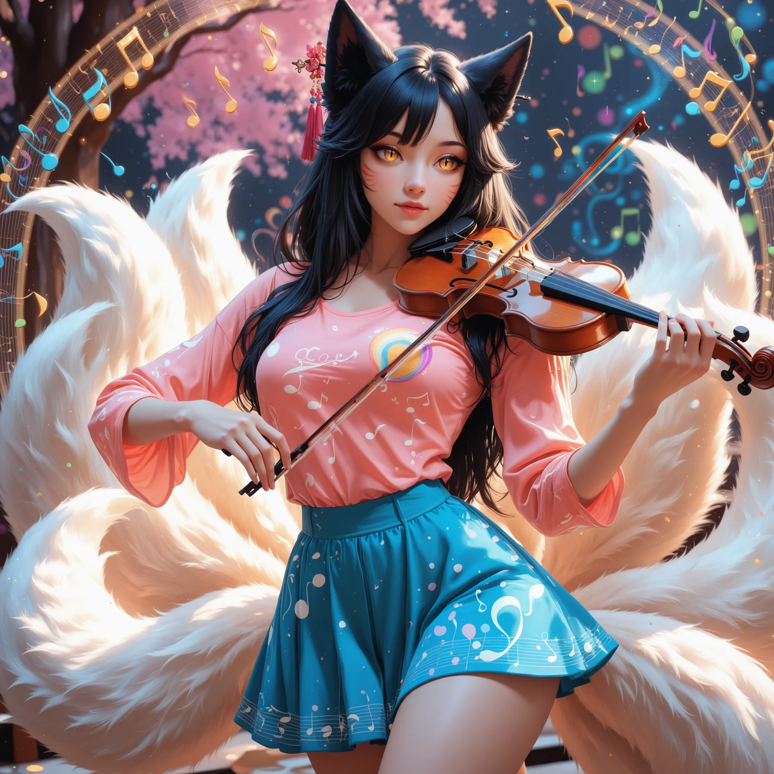 Semi real,ahri,fullbody, foxgirl,fox ears,9tails,white tails,8k,beautiful face, perfect hands,cute, black hair,black foxears,c-cup.perky medium breasts,yellow eyes,slit pupils, facial markings,music hairpin,((wearing multi colored spring shirt with a unique music note printed)),skirt, (Rendered in an eerie, otherworldly music style with vibrant colors,(music notes surrounding her:1.2),dancing music notes, and a mesmerizing, beautiful background and a masterpiece of fantasy art:1.2),(playing violin:1.4),hands on violin