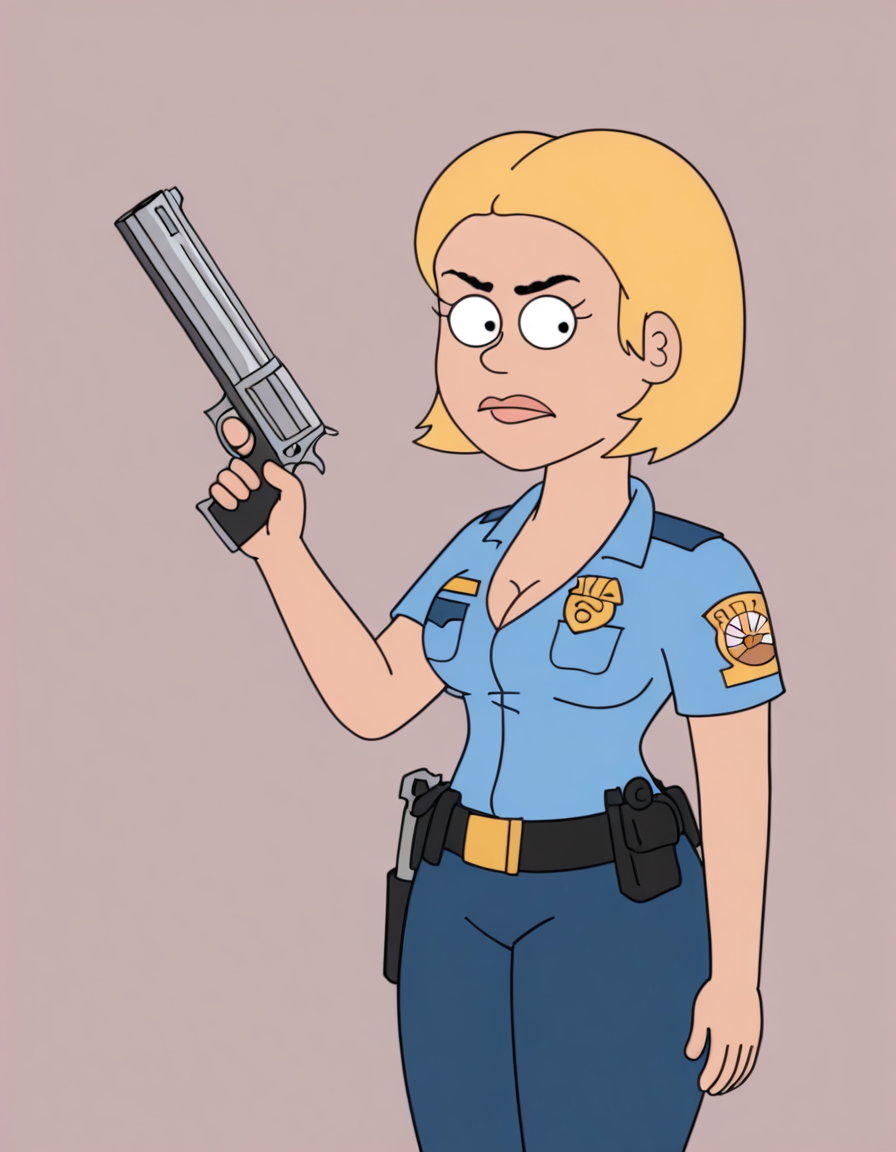 <lora:GinaJabowskiIllustrios1.0JLFO:1> ginaj, 1girl, blonde hair, short hair, breasts, solo, cleavage, uniform, police uniform, pants, belt,gun,holding, looking at viewer, cowboy shot,simple background,