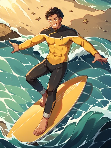score_9, score_8_up, score_7_up, score_6_up, score_5_up, man in (sttldunf star trek black and yellow uniform:1.1) standing on a surfboard ,black shoulders,black pants, asian man surfing on a wave,curly hair,long sleeves,smiling<lora:STTLPony:0.8>