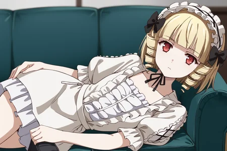 score_9, score_8_up, score_7_up, source_anime, BREAK
1girl, solo, looking at viewer, blurry background, expressionless,indoors,
kana tachibana, blonde hair, drill hair, short hair, blunt bangs, red eyes,
white gothic outfit, hairband, black hair bow, chin ribbon, collarbone, white dress, puffy sleeves, short sleeves, frills, white bowtie, pleated skirt, short skirt,
lying on side, on sofa,
<lora:kana_tachibana_anime-soralz:1>