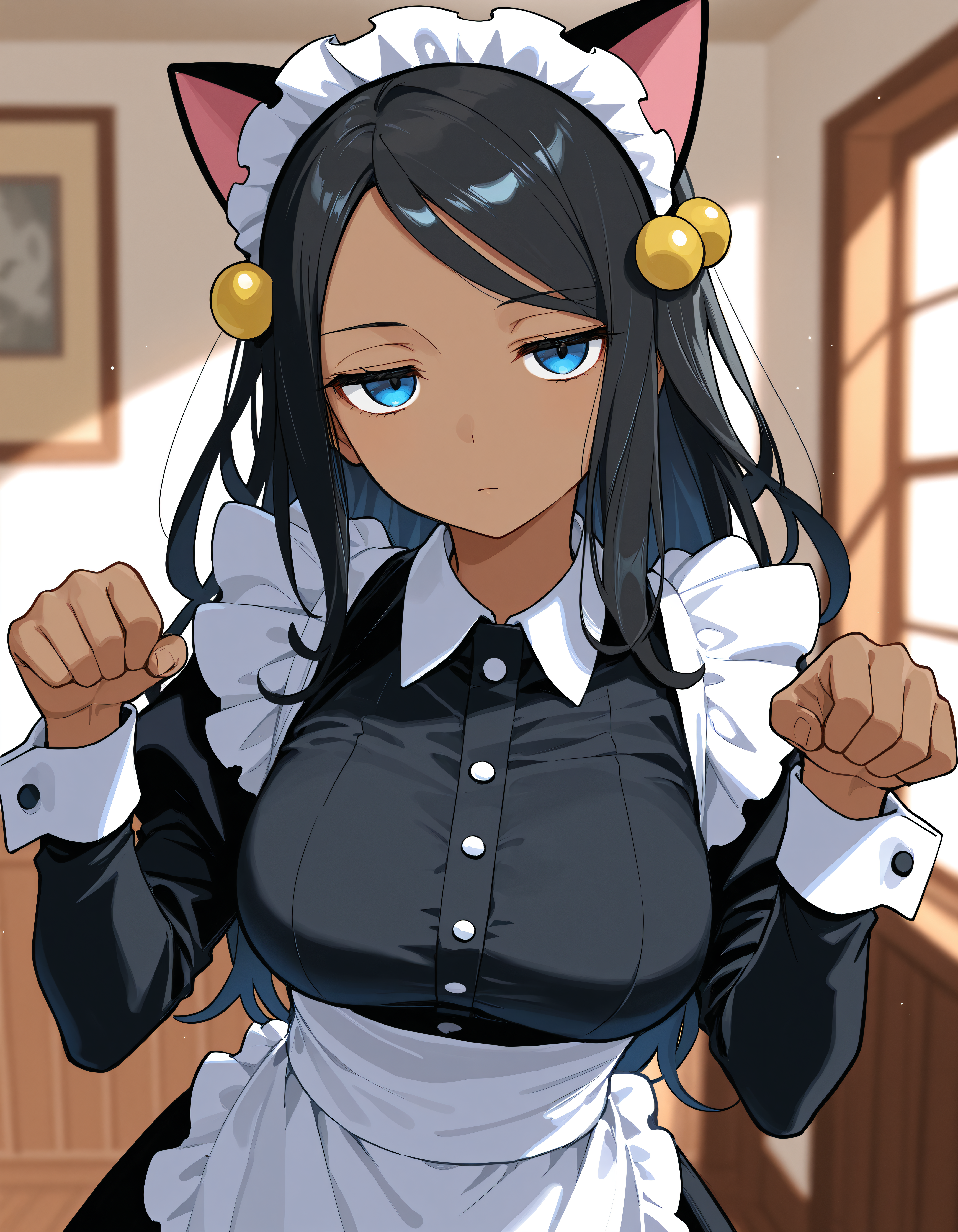 (masterpiece), (incredibly absurdres), best quality, <lora:DahliaPokemon-IL-V1_Aeromoia:1>, 1girl, dahliapkmn, black hair, blue eyes, dark skin, dark-skinned female, hair ornament, long hair, solo, medium breasts, fake animal ears, cat ears, maid, maid apron, paw pose, jitome, half-closed eyes, closed mouth, expressionless, looking at viewer, indoors, depth of field