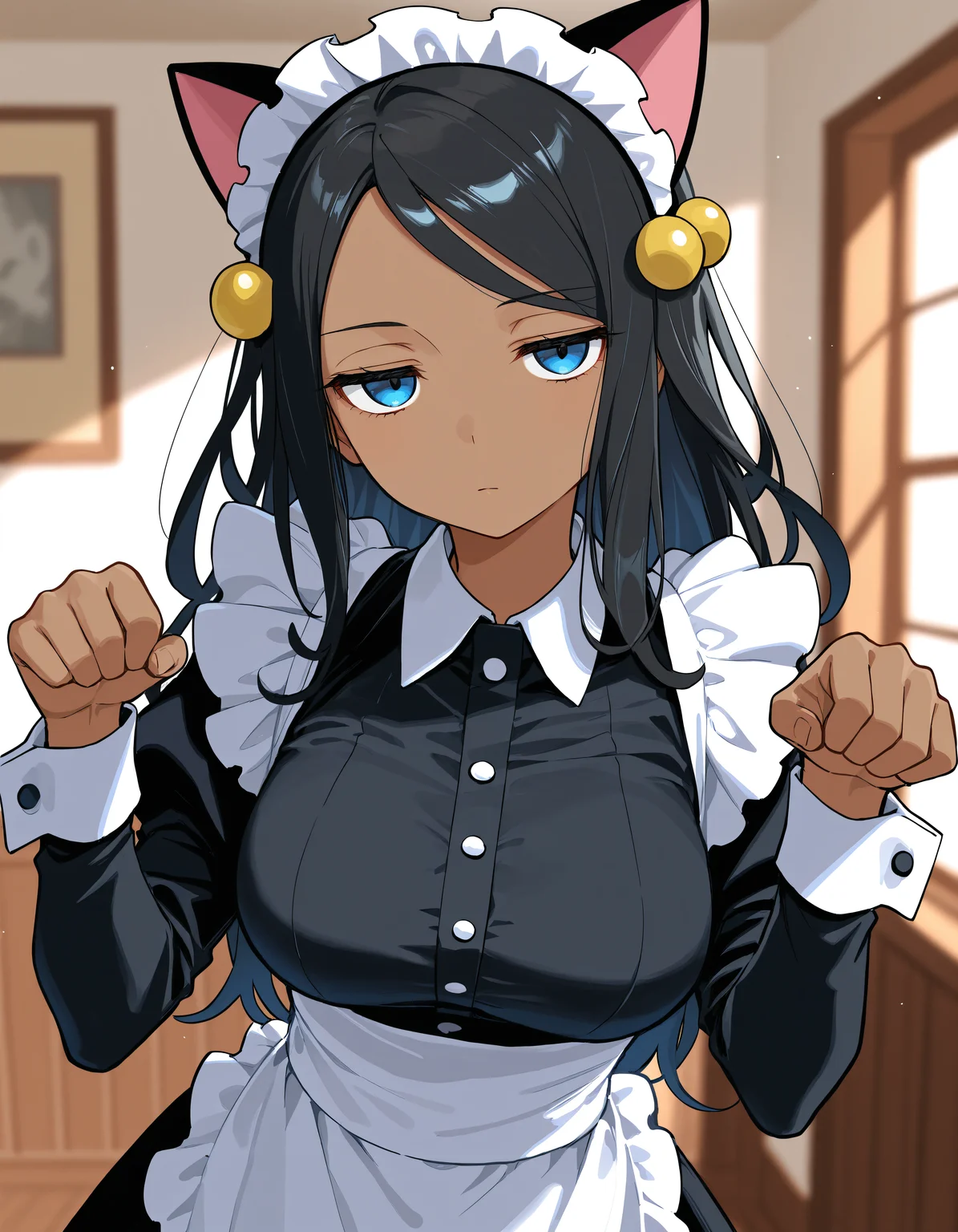 (masterpiece), (incredibly absurdres), best quality, <lora:DahliaPokemon-IL-V1_Aeromoia:1>, 1girl, dahliapkmn, black hair, blue eyes, dark skin, dark-skinned female, hair ornament, long hair, solo, medium breasts, fake animal ears, cat ears, maid, maid apron, paw pose, jitome, half-closed eyes, closed mouth, expressionless, looking at viewer, indoors, depth of field