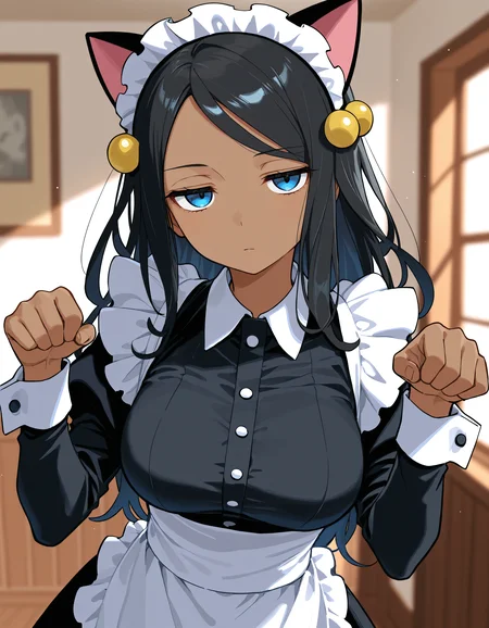 (masterpiece), (incredibly absurdres), best quality, <lora:DahliaPokemon-IL-V1_Aeromoia:1>, 1girl, dahliapkmn, black hair, blue eyes, dark skin, dark-skinned female, hair ornament, long hair, solo, medium breasts, fake animal ears, cat ears, maid, maid apron, paw pose, jitome, half-closed eyes, closed mouth, expressionless, looking at viewer, indoors, depth of field