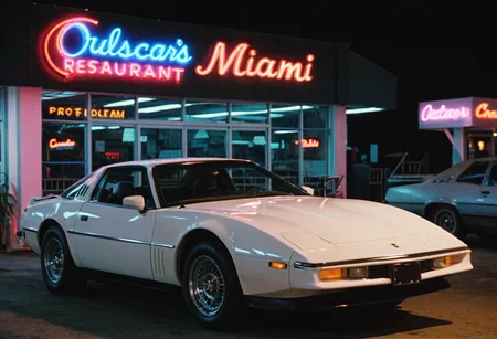 MiamiVice, sportscar, restaurant, night, neon sign "Miami Vice", outdoors, highly detailed, 4K, stylish grainy analog 35mm film photo
