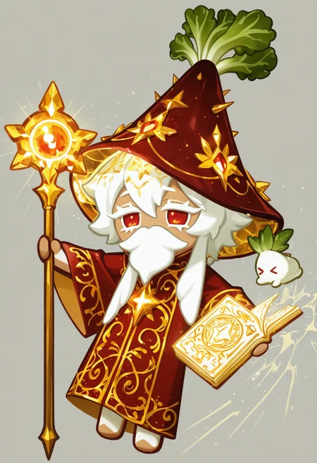 masterpiece,best quality,amazing quality,
colored eyelashes,white eyelashes,
red and green robes,golden accents,radish-themed accessories,mystical pose,solo,full body,simple background,(vegetable theme:1.1),(magic theme:1.1),pointed hat,staff with radish-shaped crystal,long white beard,wise eyes,holding ancient tome,radish-patterned cloakÐ±,
crk1styl111,<lora:lycoris:1>,(chibi:1.4),