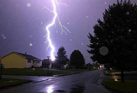 Lightning bolt striking ground, bright white with purple and blue hues, multiple offshoots, power lines running across image, suburban neighborhood setting, two houses visible, one to the left painted beige with dark roof, one to the right partially visible, wet reflective street indicating recent rain, dark trees framing scene, overcast sky with a hint of purple, water droplets on lens causing blur spots, nighttime atmosphere, sharp focus on foreground, high contrast lighting, dramatic illumination., 