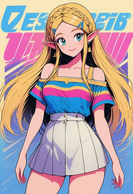 score_9, score_8_up, score_8, medium breasts, (curvy), cute, eyelashes,       
BREAK, 
princess zelda, long hair, crown braid, hairclip, pointy ears, smile, 
skirt, shirt, bare shoulders, jewelry, collarbone, short sleeves, cowboy shot, pleated skirt, earrings, striped, off shoulder, makeup, white skirt, off-shoulder shirt, shirt tucked in, multicolored shirt,
text, text in background,
abstract background, 
zPDXL,
