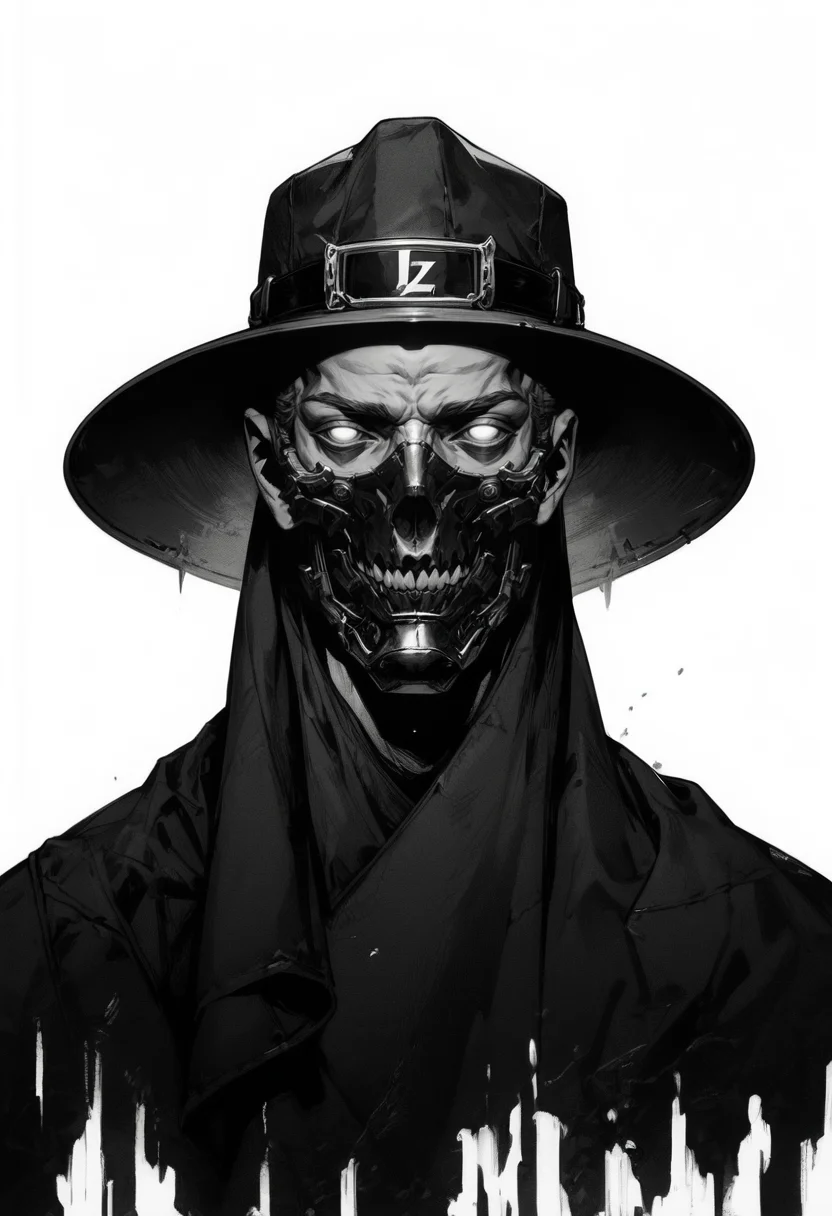 (score_9, score_8_up), score_7_up, zPDXL, solo, looking at viewer, simple background, 1boy, all black attire, white eyes, black mask, hat, white background, monochrome, upper body, greyscale, male focus, signature, cloak, <lora:GRIM_v1:1>