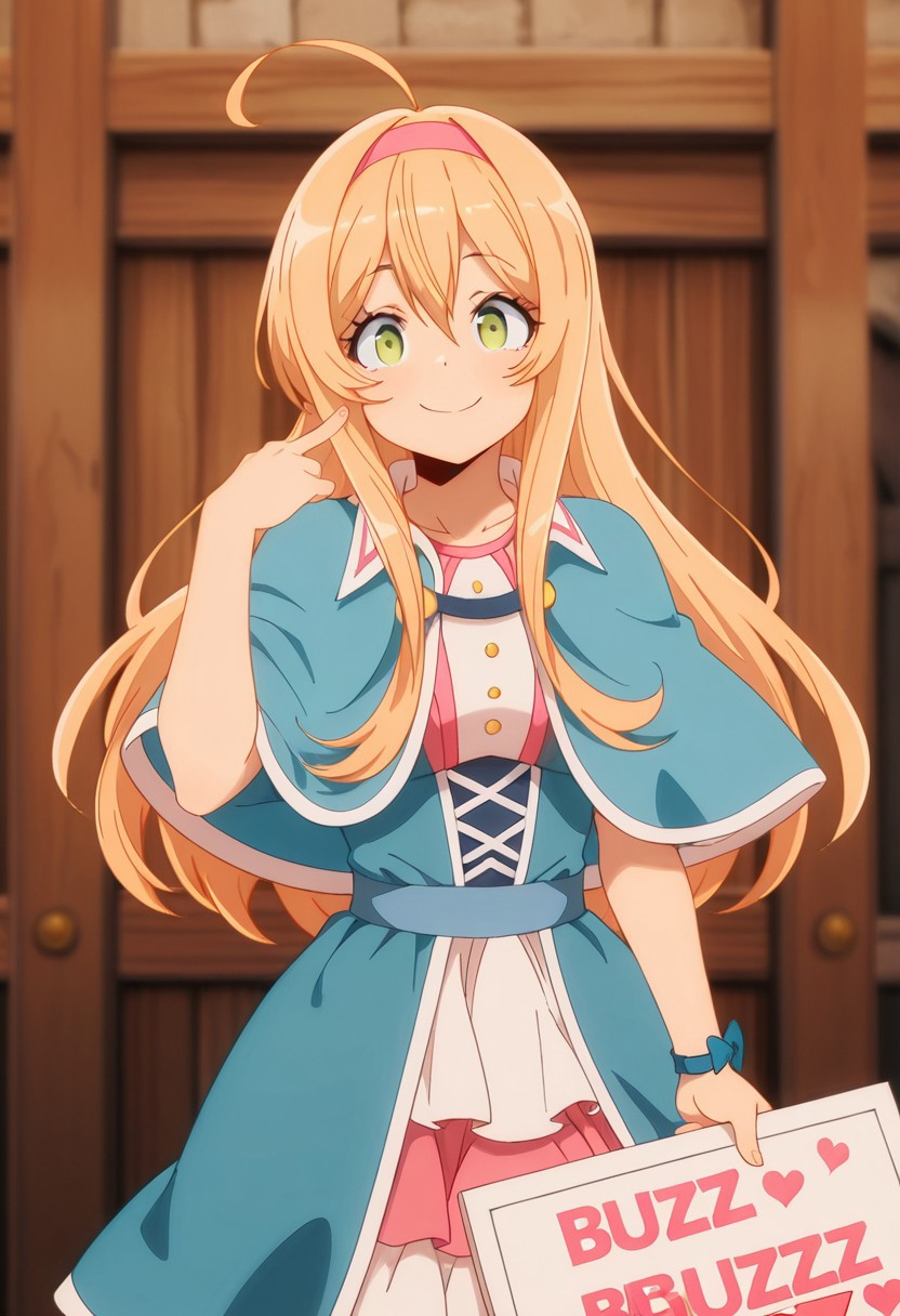 masterpiece, best quality, amazing quality, mischievous smile,  1girl, solo, merielle,  green eyes, blonde hair, long hair, ahoge, pink hairband, blonde hair, ahoge, blue capelet, blue jacket, dress, holding sign of BUZZ BUZZ BUZZ BUZZ