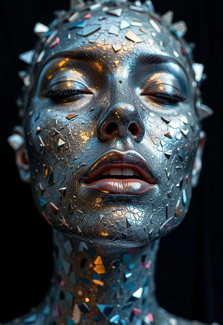 OBlvbo,This is a highly detailed, digital artwork depicting a face made entirely of reflective, metallic shards. The shards are predominantly silver with hints of gold, blue, and pink, creating a mesmerizing, multi-colored effect that reflects light in a kaleidoscopic manner. The face is abstract yet recognizable, with closed eyes, a slightly open mouth, and a serene expression. The shards are arranged to form the contours of the face, including the nose, cheeks, and jawline, with some pieces overlapping and others protruding. The texture of the metallic shards is smooth and reflective, giving a glossy appearance. The background is a dark, almost black, with subtle, dark gray and blue tones, which contrasts sharply with the bright, reflective shards. The overall style of the artwork is contemporary and abstract, blending elements of modern art and digital manipulation. The image has a high level of detail and realism, with each shard meticulously crafted to create a lifelike effect. The artwork evokes a sense of otherworldliness and beauty, with its intricate, reflective surface and surreal composition.The shallow depth of field and subtle vignette draw the viewer into this intimate, mystical space, where every detail is meticulously crafted to evoke a sense of wonder, awe, and enchantment...detailmaximizer, Kodak Portra 400 analog film stocks, Kodak Portra 400 analog film stocks style, in the style of Jed-clrfl, painting