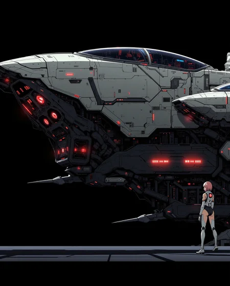 A digital anime artwork in the style of cklg, anime, hard science fiction, a sexy female pilot is inspecting her futuristic, highly advanced space ship seen from the side, with a big air inlet on the front. the vehicle has a silver color, the bottom of the vehicle is black and made out of sharp razor edge metal. the space ship is adorned with intricate, metallic details, and mechanical components, giving it a highly advanced, industrial military look. dark lighting, glowing, intense red light diods on the air inlet emit a menacing, otherworldly glow.