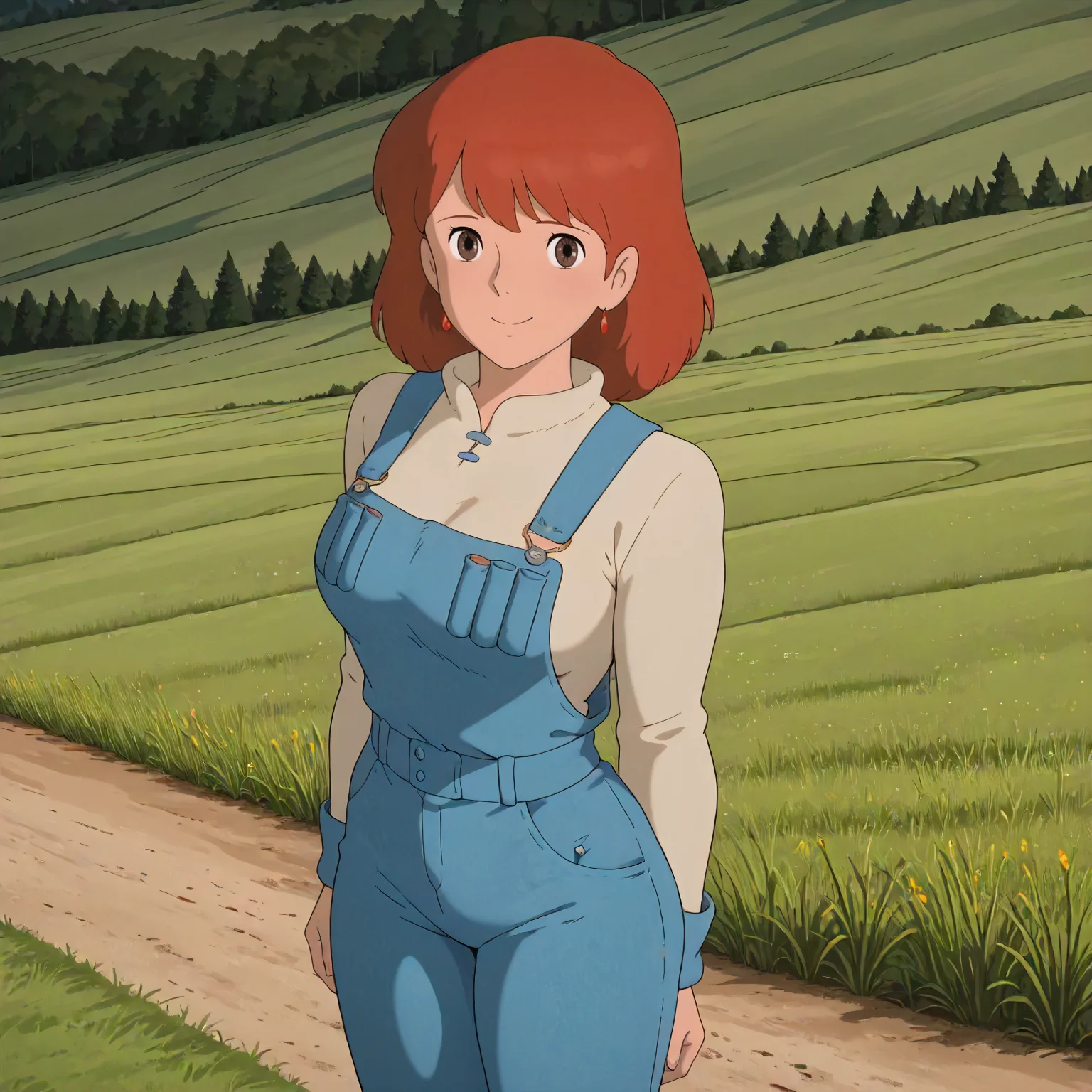 <lora:NotVotW_NausicaaXLIllustrious022>,
masterpiece,best quality,good quality,newest,
outdoors,detailed background,grassland,nature,
smile,
looking at viewer,
solo,
VWNausicaa,1girl,brown hair,medium hair,brown eyes,
breasts,
standing,
(overalls:1.1),denim,sweater,