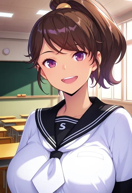 masterpiece, best quality, amazing quality, 1girl, solo, portrait, natsukiww, brown eyes, purple eyes, brown hair, high ponytail, hair scrunchie, swept bangs, large breasts, tan, tanlines, school uniform, serafuku, black sailor collar, white neckerchief, white shirt, looking at viewer, smile, open mouth, indoors, classroom, skindentation, detailed clothing folds, depth of field, sharp, high contrast, dynamic light <lora:Shinsou_Noise_Kazama_Natsuki_ill_v1.0:1>