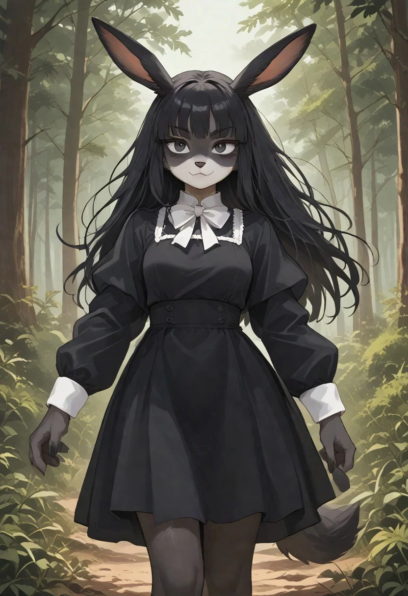Score_9, Score_8_up, Score_7_up, Score_8_ Score_9, Score_10, Furry, Anthro, bunny, female, body fur: grayish, black eye, black hair long, body: pear, normal boob, normal thighs, SFW, smug, outside forest pine, blur background, black gothic dress with long sleeve, standing shy, black thighs stocking sock, walking, white bow with ribbon neck,