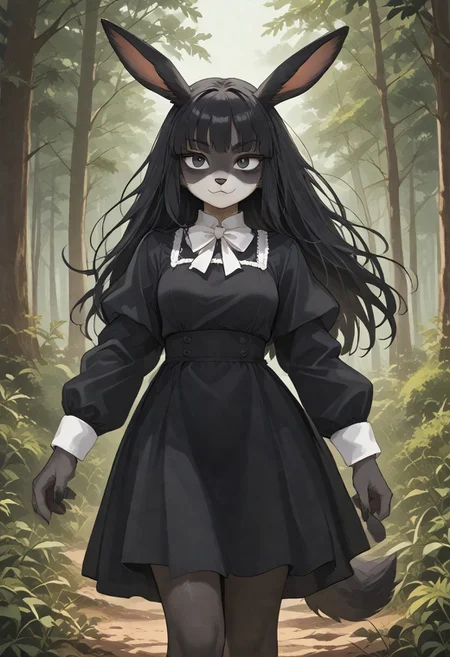 Score_9, Score_8_up, Score_7_up, Score_8_ Score_9, Score_10, Furry, Anthro, bunny, female, body fur: grayish, black eye, black hair long, body: pear, normal boob, normal thighs, SFW, smug, outside forest pine, blur background, black gothic dress with long sleeve, standing shy, black thighs stocking sock, walking, white bow with ribbon neck,