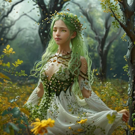 epiCRealism, (masterpiece, extremely detailed, highest quality), the queen of the forest is the most beautiful creature in the woods, cute, sensual, petite with an hourglass figure, wears a see through dress made of tiny interwoven leaves and a crown of flowers, carefree, smiling and happy with beautiful and expressive yellow eyes, open eyes, walking across her glade among flower beds and old oaks and willows, her hair floats behind her catching the wind, her long and green hair is full of small leaves and berries, it is springtime and a storm has just finished leaving trillions of drops, (the air is full of birds, bees, insects and a myriad of small seeds), sunlight, the Sun shines glorious among the heavy stormy clouds sending its rays down to the glade like columns of light