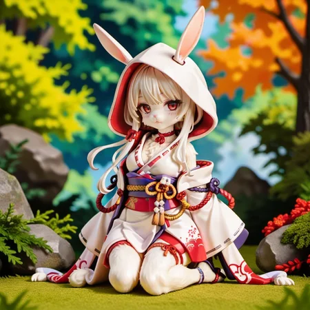 score_9, score_8_up, score_7_up, score_6_up, yuran, rabbit ears, rabbit tail, white fur, body fur,
1girl, solo, furry female, animal ears, hood, looking at viewer, hood up, japanese clothes, kimono, red eyes, choker, closed mouth, red choker, sash, breasts, kneeling, blush, (forest, nature background),
<lora:ava_choco_yuran_race_v1-000005:0.9>,
<lora:add-detail-xl:1>,