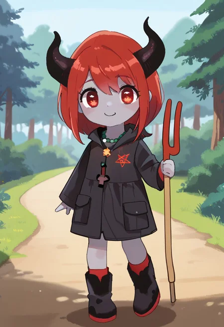 score_9, score_8_up, score_7_up, BREAK
highres, highly detailed, high resolution, high quality,
source_anime, anime screencap, saturation, vivid colors,
1girl, solo, luce, full body, standing, demon girl,
(dark red hair:1.2), (big dark red eyes:1.1), medium hair, cute, (grey skin:1.1), (horns:1.2),
(long black raincoat:1.1), black rubber boots,
pentagram necklace, holding red trident, holding red pitchfork,
pikaole, cute, bokeh,
blurry background, forest background, path