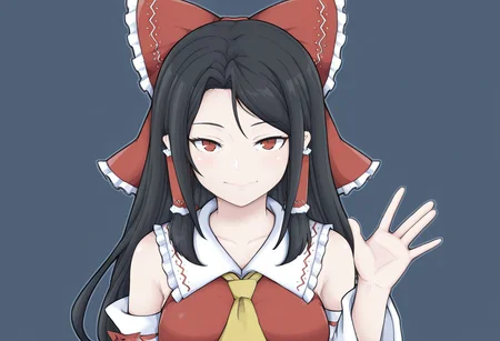 best quality, hires,
1girl, solo, shiromiya rei, hakurei reimu,
smile, waving, hand up, looking at viewer, closed mouth,