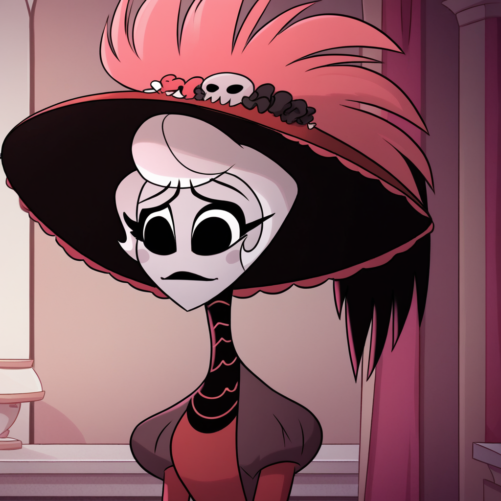 score_8_up, BREAK, HAZBINHOTELROSIE, 1girl, solo,  white hair, short hair, blue eyes, hat, dress, upper body, indoors,  <lora:HazbinHotel_Rosie_PXL_Leaf1:1>, arms at sides,