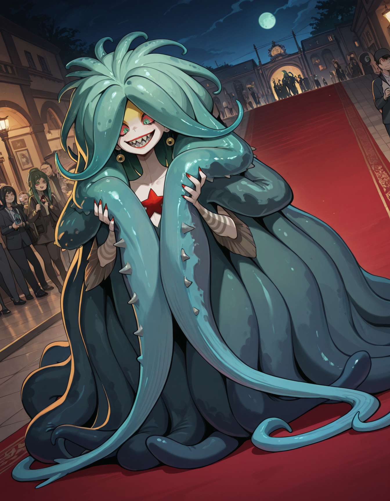 masterpiece, best quality, amazing quality, <lora:scyllaIllustrious:1>,
scylla, tentacle hair, sharp teeth, red carpet, photographers, night, event,  green eyes, colored sclera,