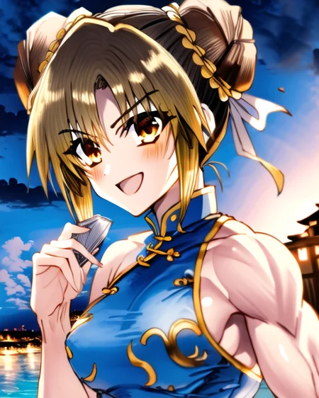 masterpiece, best quality, 1girl, solo, thegoldensmurf-8100, ((chun-li)), (brown hair), (brown eyes), ((portrait)), perfect face, ((cityscape)), ((chinese dress)), double bun, short hair, ((((beach)))), bright colours, ((((night)))), street fighter, (((bodybuilder))), (hypermuscle), broad shoulders, upper body, (cinematic lighting), soft lighting, ((small breasts))