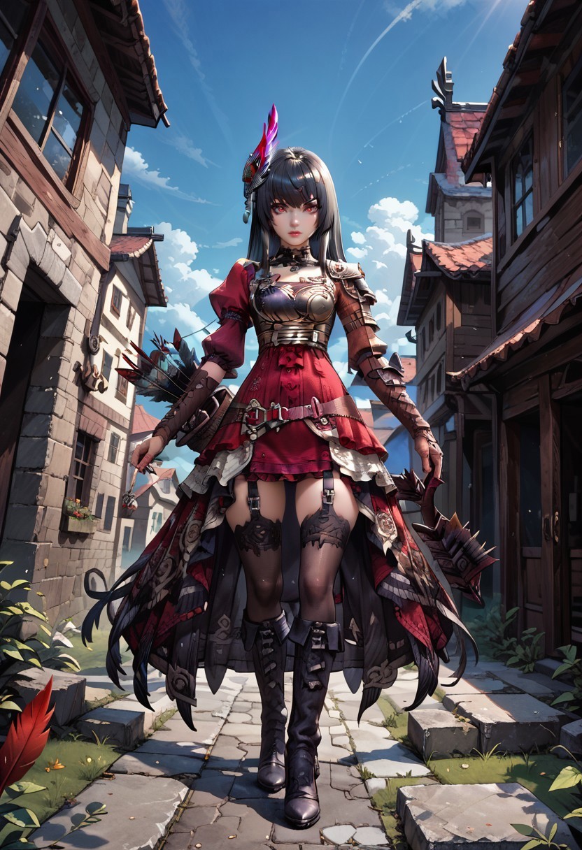 score_9, score_8_up, score_7_up,1girl, solo, long hair, black hair, thighhighs, garter straps, hair ornament, dress, quiver, boots, gloves,red eyes, armor,arrow (projectile), eliza,quiver, dress, red eyes, asymmetrical gloves, arrow quiver, bow quiver, feathers, boots, high heels, armor, belt, outside, target, shooting range, highly detailed face