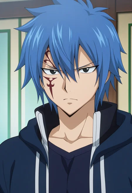 masterpiece, best quality, , anime screencap, anime coloring, official style, , 1boy, solo, male focus, <lora:jellal_fernandes_ilxl:0.98>, jellal_fernandes, blue hair, black eyes, short hair, tattoo, facial mark, hair between eyes, ,