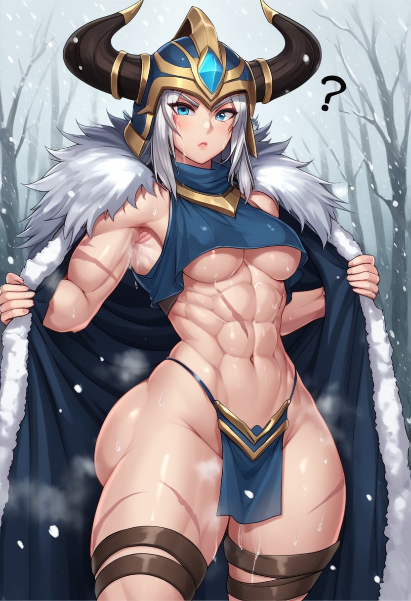 score_9, score_8, Sejuani (League of Legends), Silver white hair, Blue Colored Eyes, Steel Greek-Style Helmet with One Ice-Blue Colored curved horn, pelt coat, standing in front of viewer, wide shoulders, wide lats muscles, holding pelt coat open, flashing body, underboob only, tiny areola peek, pelt thong, sweaty abs, steaming waist, scar on abs, scars on thighs, thigh armor pieces, steamy armpits
Enormous Ass, Thick thighs, snatched waist, curvy waist, small breasts, looking at viewer, steaming body, juicy ass, sweat between ass, confused expression, question mark above head, 
Snowy Forest, Snowing, Blizzard