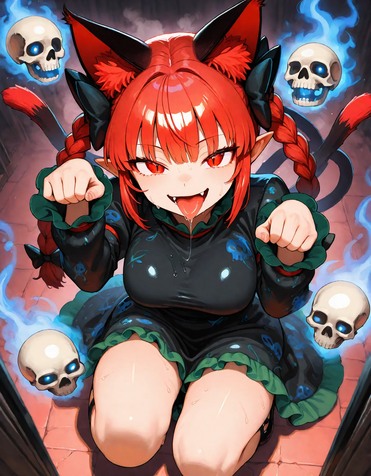 munakata_(sekimizu_kazuki), hamada_yoshikazu,negative space, cinematic shot, masterpiece, highres, absurdres, newest, wide shot, ,slimes_skullwm,made of skulls,kaenbyou_rin, touhou, 1girl, pink_hair, red_eyes, solo,animal_ears ,black_bow, black_dress , braid,breasts, cat_ears , dress,extra_ears, fang ,frilled_dress ,frills, hair_bow ,large_breasts ,long_eyelashes ,long_sleeves ,looking_at_viewer ,multiple_hair_bows, pointy_ears ,red_bow , red_hair, slit_pupils, smil,tight_clothes ,tight_dress, twin_braids ,fang, crazy_eyes ,seductive smile, steaming body, in heat, sweaty,paw_pose , squatting, tongue, tongue_out , saliva,saliva_trail ,saliva_drip ,open mouth, from above, surround by skull,
<lora:SlimesSkullWM:1> <lora:ponyv5_noobE11_1_adamW:0.7> <lora:illustrious_noobai_epsilon_pred_11_very_aesthetic_v1:0.7> , <lora:kaenbyou_rin_image6792_2023-12-20:0.6>