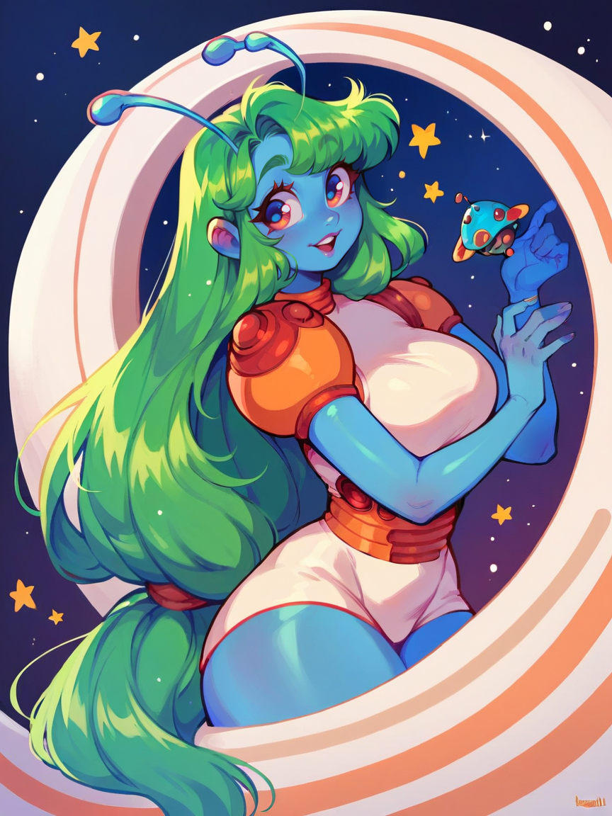 score_9, score_8_up, score_7_up, score_6_up,   <lora:4l13nXLP:1> 4l13n, colored skin, blue skin, space, antennae, curvy, cute, green hair, long hair,