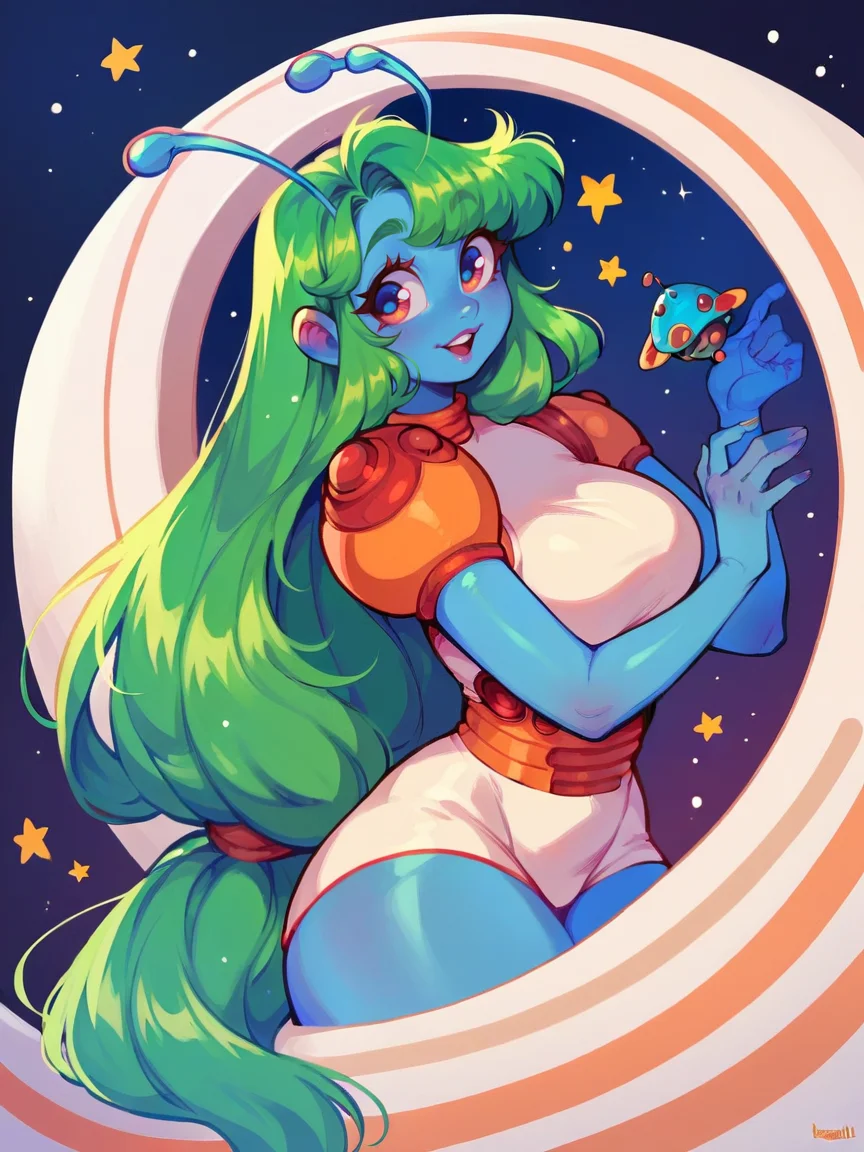 score_9, score_8_up, score_7_up, score_6_up, <lora:4l13nXLP:1> 4l13n, colored skin, blue skin, space, antennae, curvy, cute, green hair, long hair,