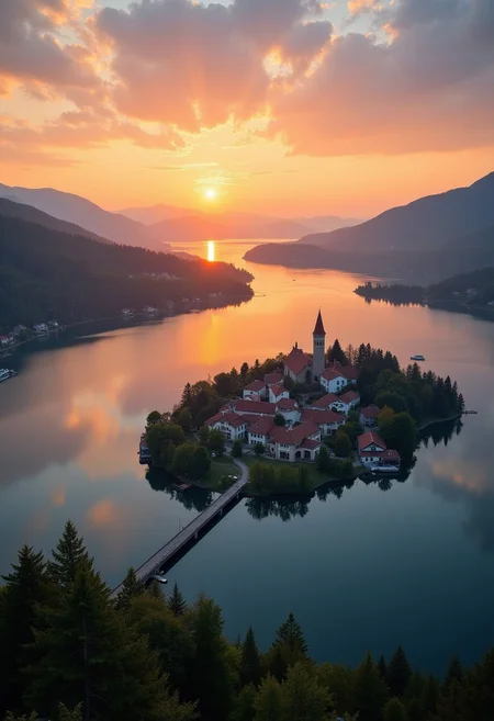 a town on an island surrounded by lakes and forests, sunset