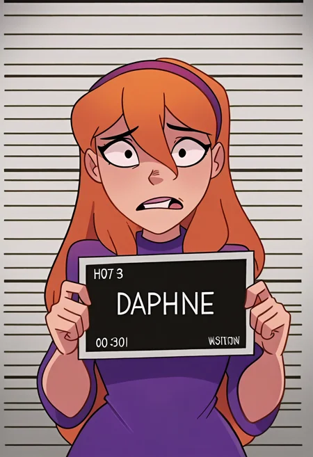 w3st3rnt00n2,
daphne_blake 1girl card character_name english_text hairband height_chart height_mark holding holding_card holding_sign looking_at_viewer mugshot orange_hair prisoner purple_hairband sign solo teeth upper_body worried
masterpiece,best quality,amazing quality,highres, <lora:Wester_Cartoon_Style_2:1>