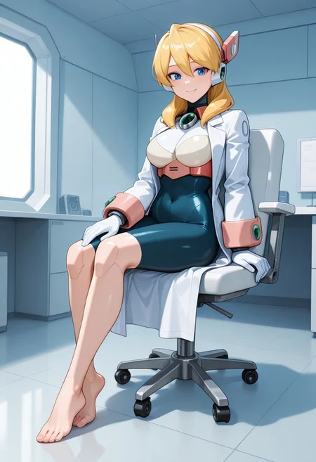 1girl, solo, blonde hair, blue eyes, hair between eyes, hair over shoulder, robot ears, headgear, armor, bodysuit, breastplate, white gloves, white coat, labcoat, indoors, futuristic,,sitting, chair, smile, full body, feet, barefoot,