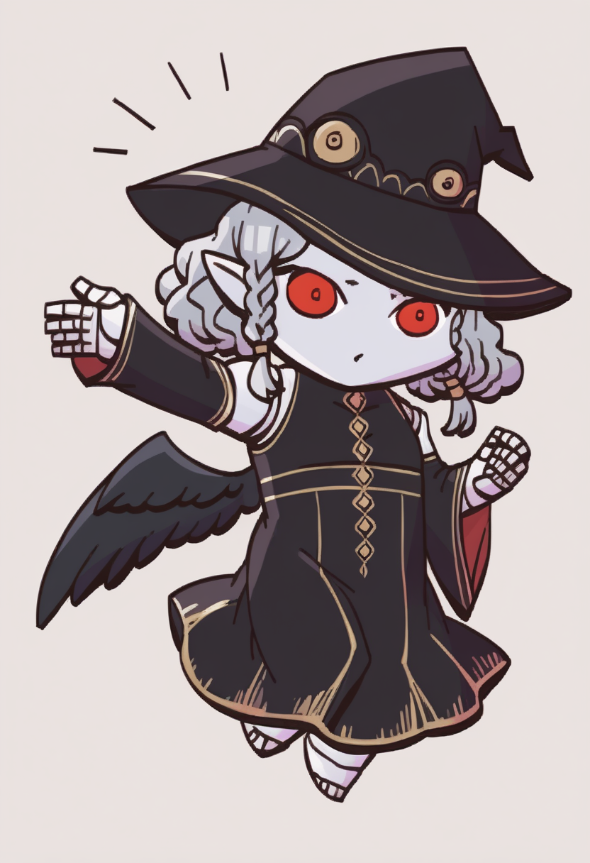 score_9, score_8_up, score_7_up, source_anime BREAK 1girl, solo,
 <lora:FEH-MTH-pdxl_Fp:1> chibi, simple background, full body
 <lora:zs_AgratXL:1> agratsmtvv, curly hair, grey hair, twin braids, colored skin, grey skin, red eyes, pointy ears, witch hat, black dress, detached sleeves, black wings, doll joints