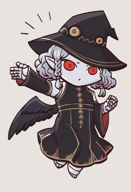 score_9, score_8_up, score_7_up, source_anime BREAK 1girl, solo,
<lora:FEH-MTH-pdxl_Fp:1> chibi, simple background, full body
<lora:zs_AgratXL:1> agratsmtvv, curly hair, grey hair, twin braids, colored skin, grey skin, red eyes, pointy ears, witch hat, black dress, detached sleeves, black wings, doll joints