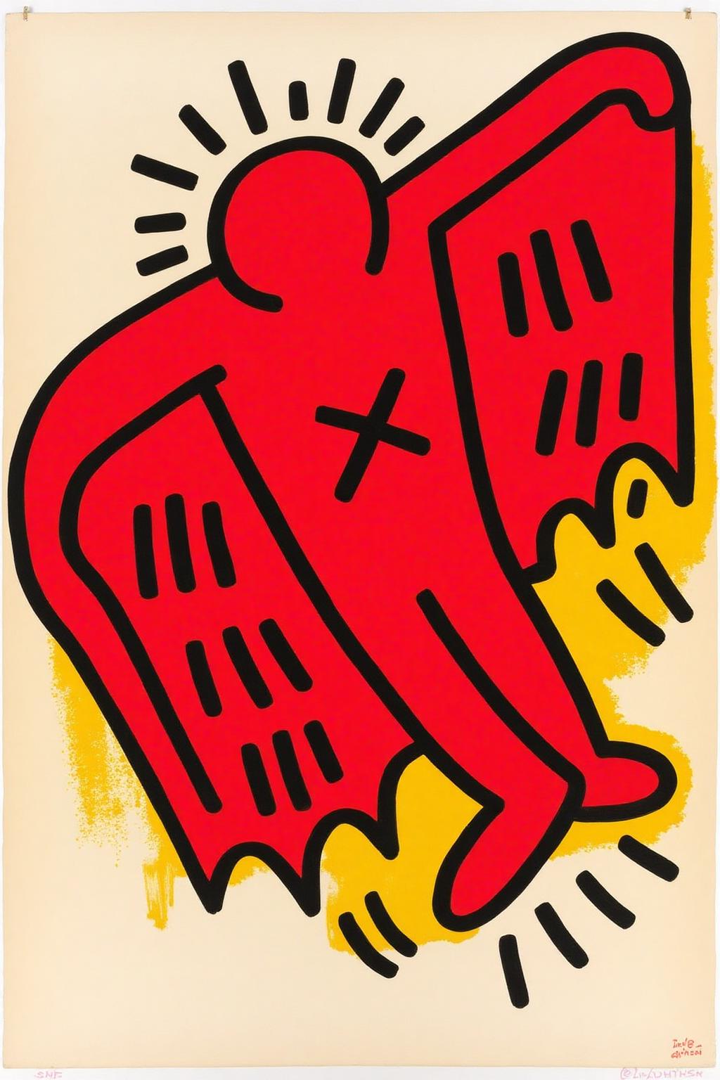 keithharing1
A pop art illustration of a red figure with black outlines, holding large, jagged bat-like wings. There is an X marking on the figure's chest.
 <lora:keithharing1_cap_d6a3:1.0><lora:834312060549630767:0>
