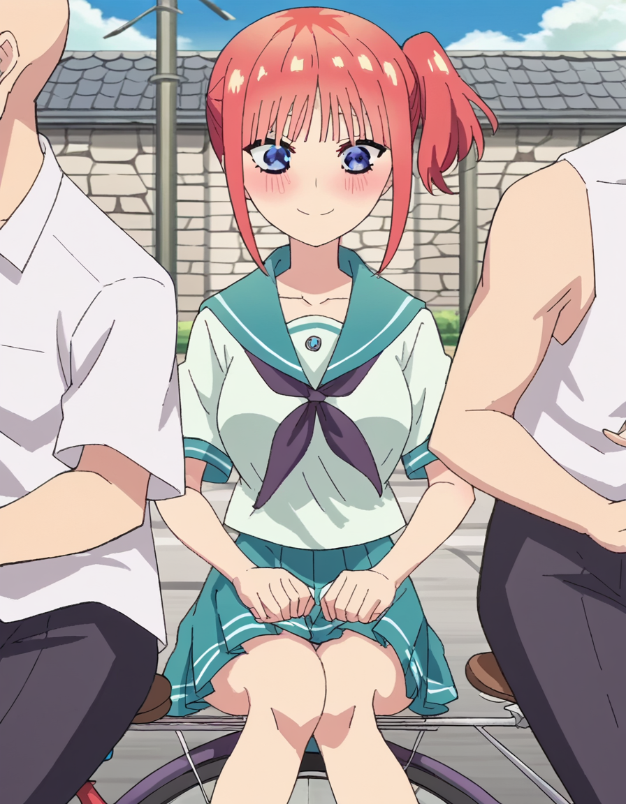 score_9, score_8_up, score_7_up, source_anime, <lora:nino-nakano-honeymoon-ponyxl-lora-nochekaiser:1>, nino nakano, short hair, bangs, blue eyes, large breasts, pink hair, blunt bangs, side ponytail, one side up, anime screencap, <lora:pillion-ponyxl-lora-nochekaiser:1>, pillion, brown eyes, hetero, couple, ground vehicle, riding, bicycle, multiple riders, outdoors, motion, floating hair, motion lines, hands on thighs,, school uniform, serafuku, gakuran, faceless, faceless male, bald, collarbone, blush, looking at another, smile, cowboy shot, knees,,
