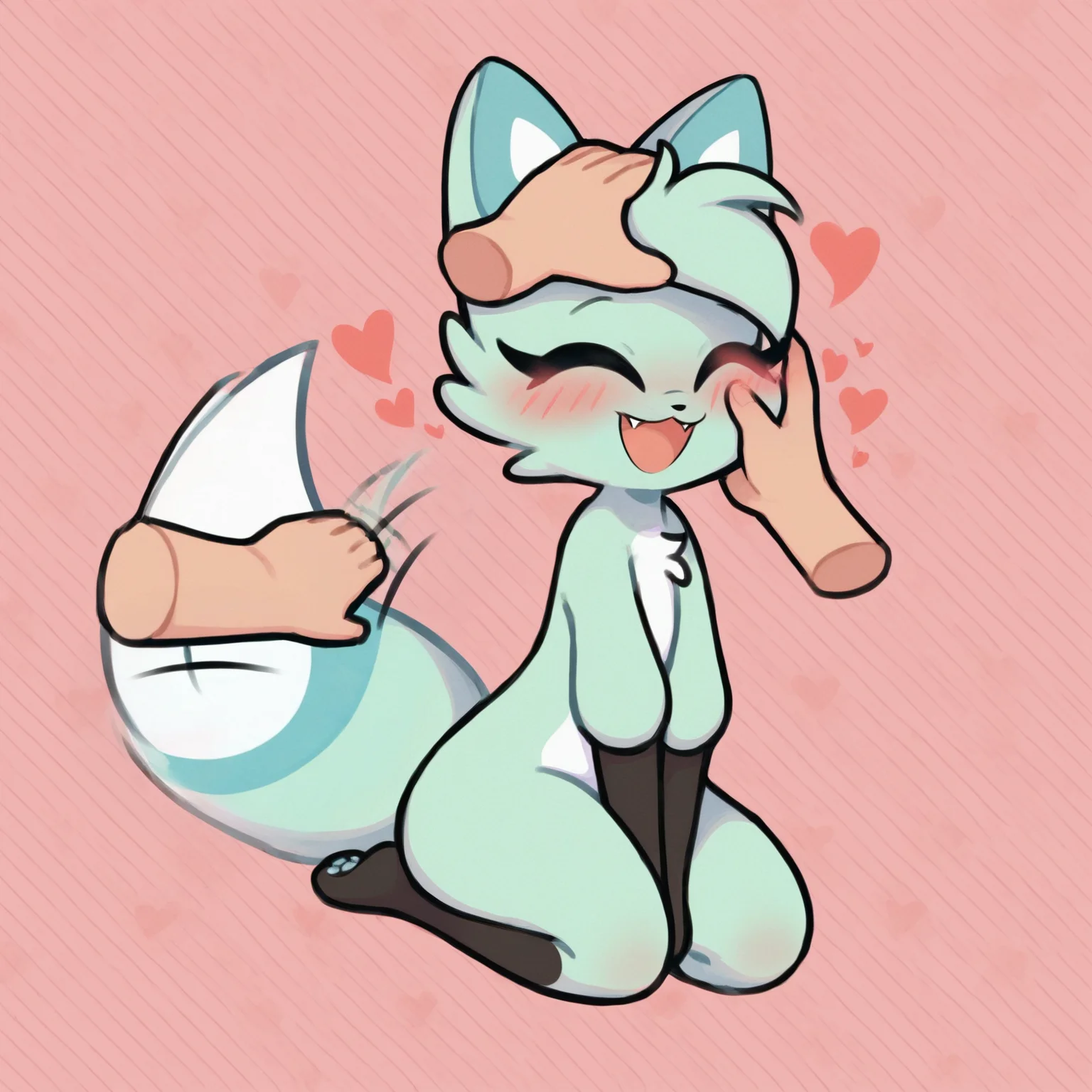 score_9, score_8_up <lora:Slushi-PONY:1> slushi, female, solo, simple background, full body, leaning forward, cute, eyes closed, tailwag, tail raised, tail motion, fluffy tail, hearts, happy, open mouth, cute fang, :3, blush lines, kneeling, ears down BREAK disembodied hand, head pat, petting head, anon, solo, human hand