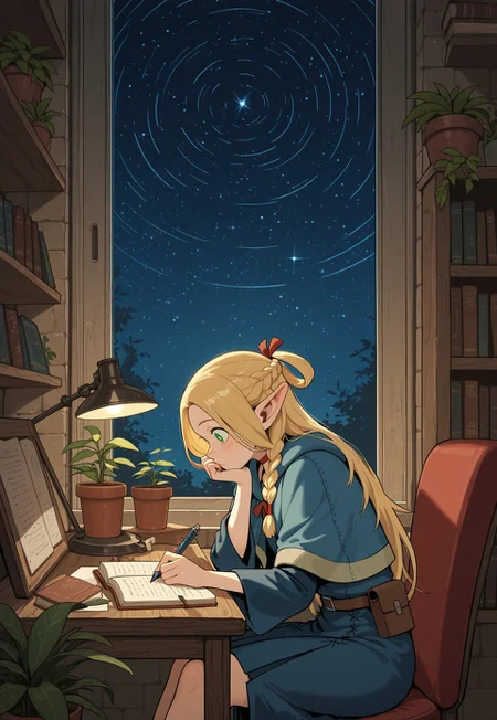 zzLofi, sitting, side view, desk, chair, book, bookshelf, head rest, holding, holding pen, firelight, night, open book, pen, plant, potted plant, sky, star (sky), starry sky, window, windowsill, writing, star trail,
marcille donato, dungeon meshi,
masterpiece, best quality, amazing quality, very aesthetic, very awa, highly detailed,