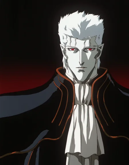 best quality, masterpiece, highly detailed, highres, meier link \(vampire hunter d\), anime screenshot, 1boy, solo, red eyes, ascot, white hair, looking at viewer, parted lips, pointy ears, vampire, colored skin, white skin, upper body, gradient background, 1990s \(style\), dark background,
<lora:Vampire Hunter D Illustrious 0.1-step00000720:0.7>