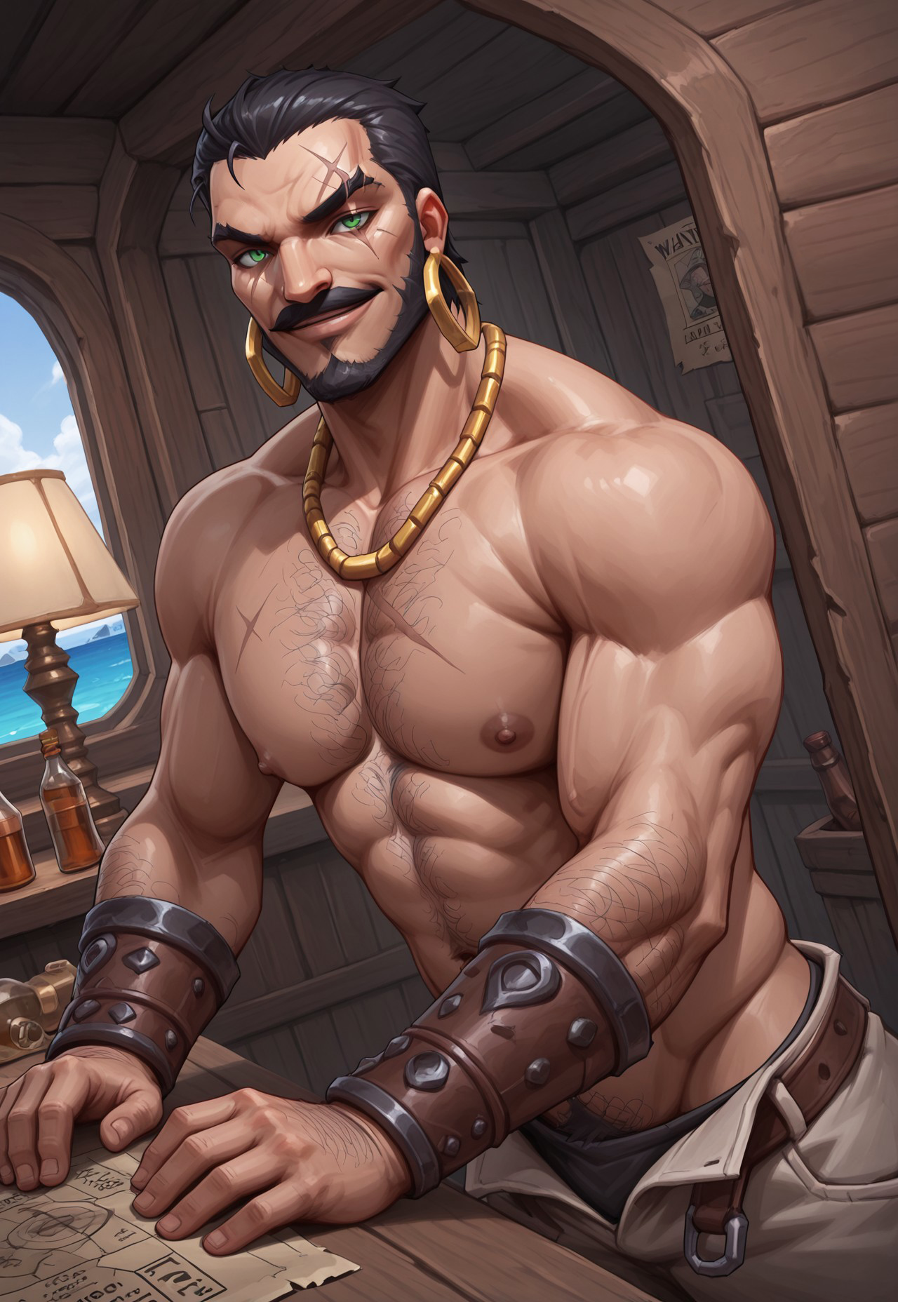 masterpiece, best quality, amazing quality, RafenLol, green eyes, hoop earrings, short hair, black hair, scar across left eye, necklace, muscular, facial hair, mustache, shirtless, detailed background, dynamic pose, upper body, inside cabin ship, looking at viewer, smile, dutch angle, bracers, open pants, leaning on table, big pecs, hairy chest, lamp, map, bottles, wanted poster, window, sea, navel hair, hairy arms, Expressiveh, sexy posing, cowboy shot,