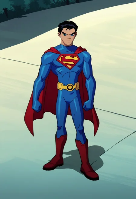 score_9_up, score_8_up, score_7_up, source_anime, anime screencap, portrait, close up of Superman,1man,solo,male focusblack hair, short hair, blue eyes,no pupils,blue bodysuit,red cape, red trunks, yellow belt, red boots, flat color, outdoors, night, blue_background, 1990s_\(style\), closed_mouth, silhouette, dark