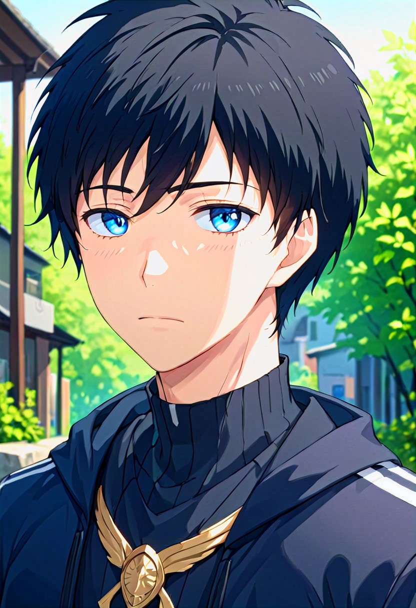 high resolution, solo, best quality, 1Boy, Arata Kaziaki, Black Hair, Blue Eyes, portraits, proud, outdoor, Half Body, Depth Of Field,