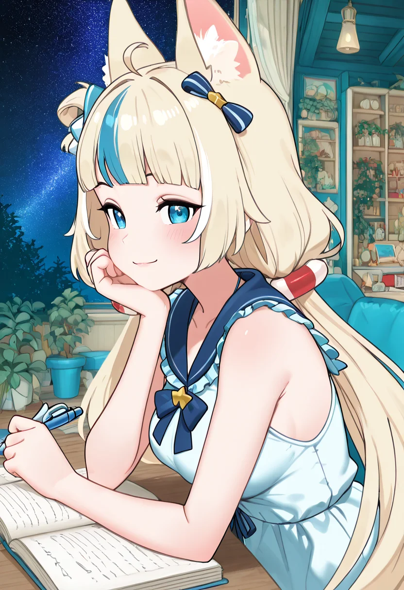 masterpiece, best quality, 1girl, solo, eyelashes, anime screenshot, aged up, medium breasts, smile, zzSaba, blue eyes, ahoge, animal ears, blonde hair, blue hair, multicolored hair, streaked hair, long hair, low twintails, hair bow, sleeveless, frilled dress, blue sailor collar, sailor dress, (upper body), <lora:SamekoSaba_IXL_v1:1.0>, , zzLofi, sitting, side view, desk, chair, book, bookshelf, head rest, holding, holding pen, lamp, night, open book, pen, plant, potted plant, sky, star (sky), starry sky, window, windowsill, writing, looking at viewer, <lora:LofiGirl_Style_IXL:0.8>,