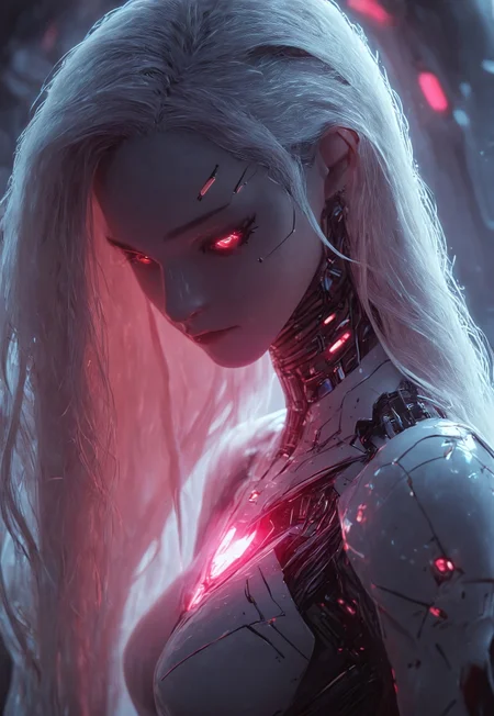 score_9, score_8_up, score_7_up, score_6_up, score_5_up, score_4_up, (Close up shot of a futuristic female with white blonde hair, wearing white and pink glowing mecha armor, standing inside a futuristic space station, robotic arms, distantfuture:1.2), masterpiece, best quality, highly detailed, sharp focus, dynamic lighting, mythp0rt, bright, vivid colors,