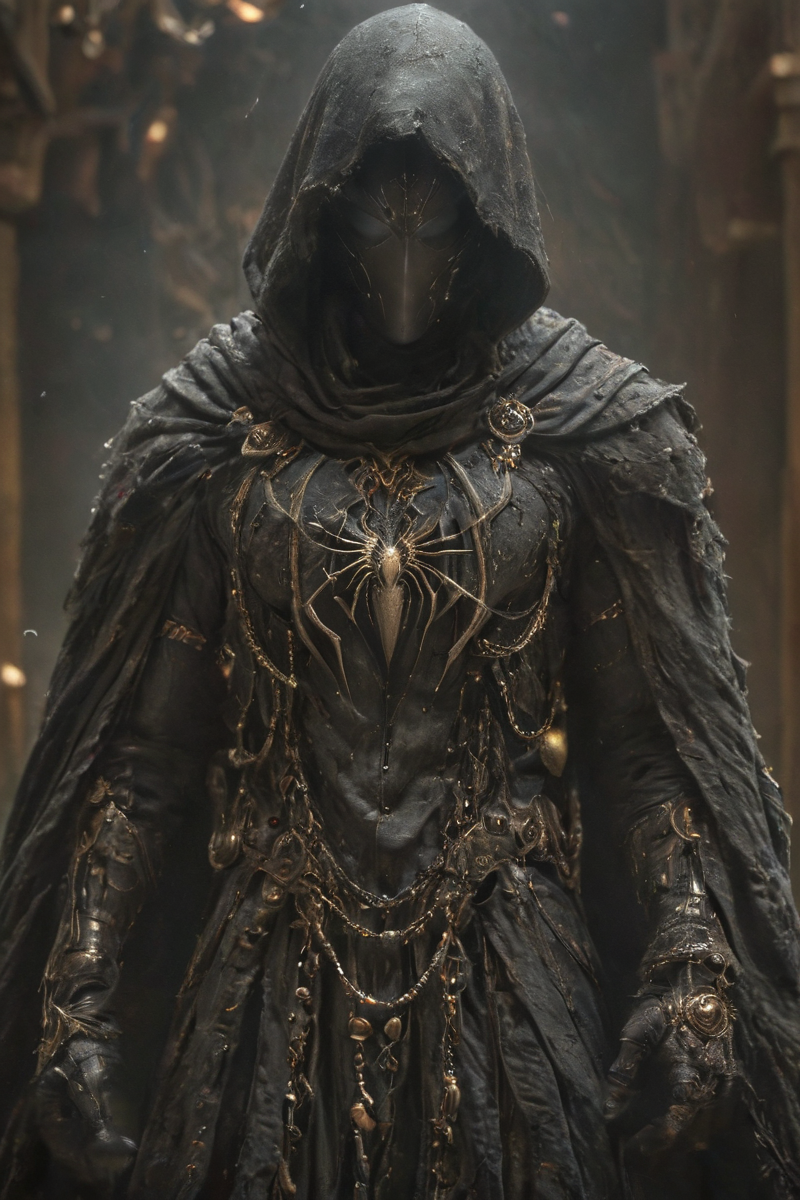 baroque,(spider-man:1.1),glistening silk,mysterous villain,vaporous swirls,amazing quality,masterpiece,best quality,hyper detailed,ultra detailed,UHD,perfect anatomy,portrait,dof,hyper-realism,majestic,awesome,inspiring,Captured in a surreal moment,a vintage circus Bedouin artist stands tall,(adorned with a backpack of mechanical arms. Six elongated appendages:1.2),resembling ominous pincers,extend from the backpack,reaching towards the camera. Despite the eerie sight,the Bedouin artist meets the lens with a piercing gaze,blending a sense of mystery with the uncanny,black Linen Cape with High collar,Natural skin,Closeup,cinematic,global illumination,dramatic,tearing the sky,atmospheric haze,cinematic composition,soft shadows,<lora:Cinematic_Robot_Cyborg:0.4>,<lora:zavy-cntrst-sdxl:1>,<lora:Fantasy_Wizard__Witches_SDXL:0.8>,