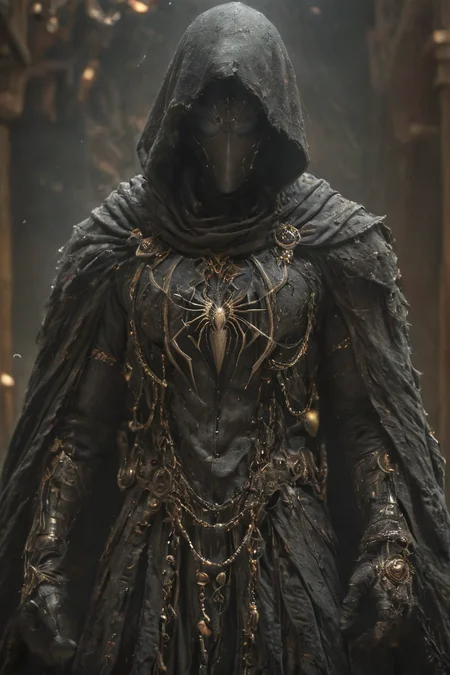 baroque,(spider-man:1.1),glistening silk,mysterous villain,vaporous swirls,amazing quality,masterpiece,best quality,hyper detailed,ultra detailed,UHD,perfect anatomy,portrait,dof,hyper-realism,majestic,awesome,inspiring,Captured in a surreal moment,a vintage circus Bedouin artist stands tall,(adorned with a backpack of mechanical arms. Six elongated appendages:1.2),resembling ominous pincers,extend from the backpack,reaching towards the camera. Despite the eerie sight,the Bedouin artist meets the lens with a piercing gaze,blending a sense of mystery with the uncanny,black Linen Cape with High collar,Natural skin,Closeup,cinematic,global illumination,dramatic,tearing the sky,atmospheric haze,cinematic composition,soft shadows,<lora:Cinematic_Robot_Cyborg:0.4>,<lora:zavy-cntrst-sdxl:1>,<lora:Fantasy_Wizard__Witches_SDXL:0.8>,
